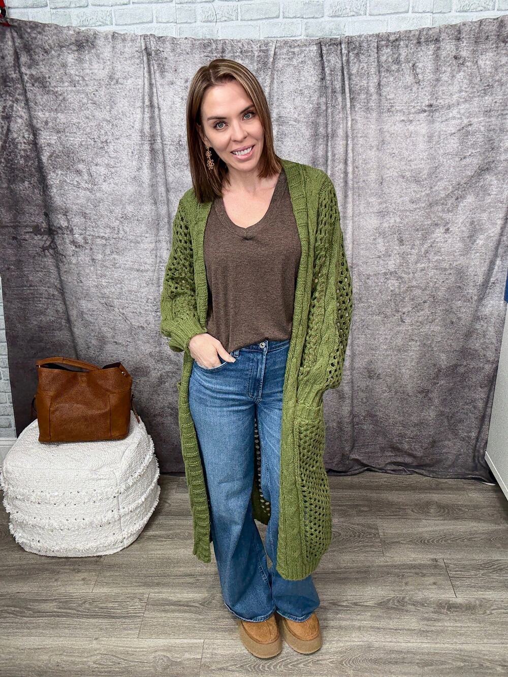 Blakeley Olive Green (OS PLUS 1X, 2X, 3X) Kandias Long Length Knit Cardigan